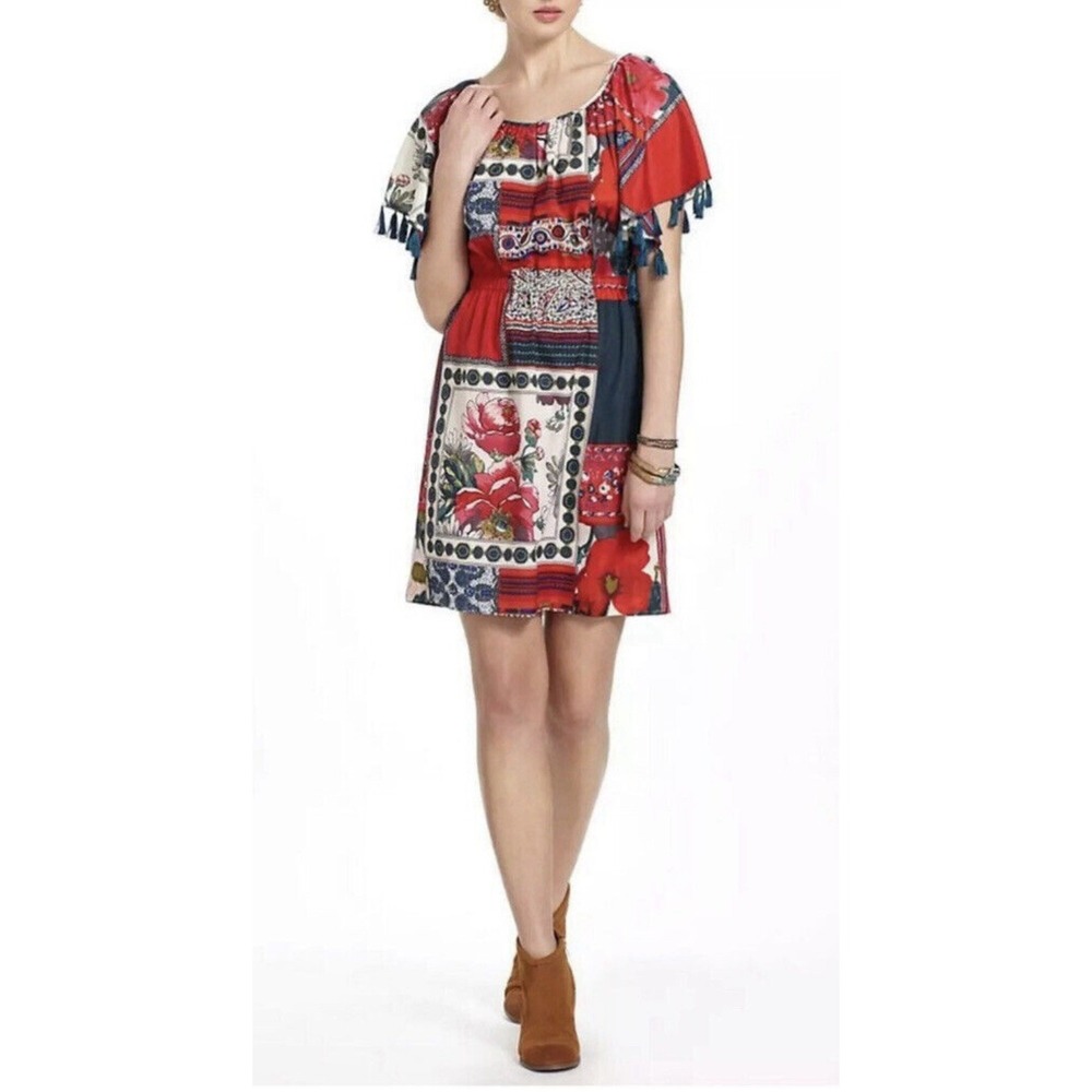 Anthropologie Vanessa Virginia Dress Sz S Womans Floral Boho Patchwork Red